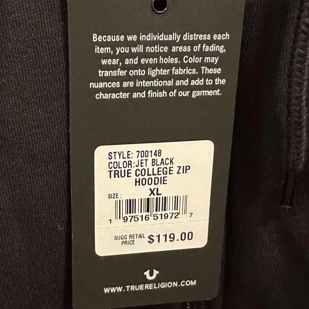 True Religion NWT Men’s College zip black hoodie. Size XL